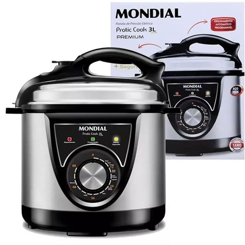 Panela de Pressão Elétrica Mondial 3L em Inox Pratic Cook Revestimento Antiaderente PE26 110V