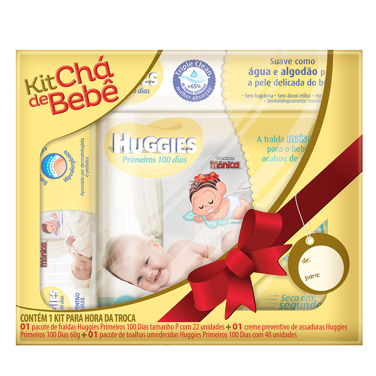 Kit Chá de Bebê Huggies Primeiros 100 dias - Fralda P 22 Unidades + Creme + Lenço Umedecido 48 Unidades