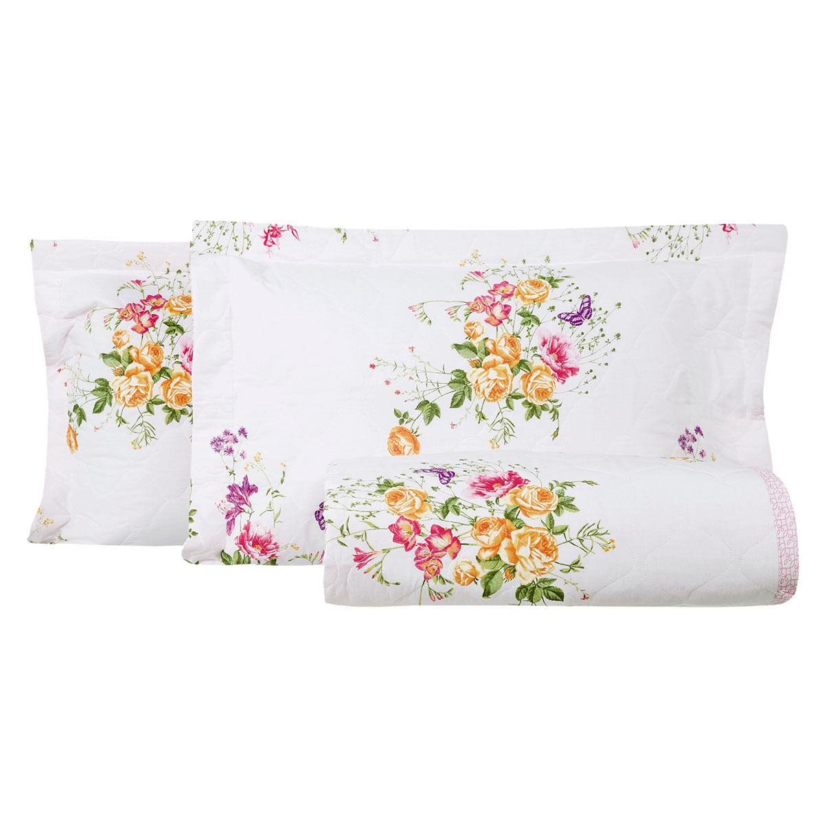 Cobre-Leito Queen Size Karsten S.A. Córdoba Floral Branco e Rosa Claro