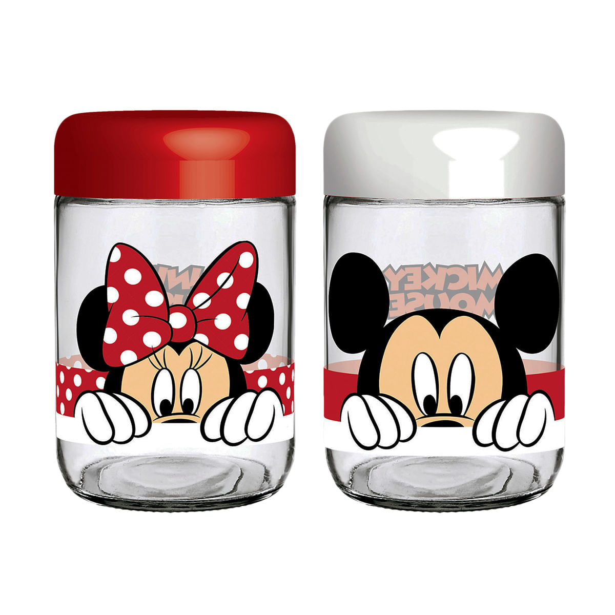 Conjunto de Potes 2 Peças em Vidro Nadir Figueiredo Disney Amigos Branco e Vermelho