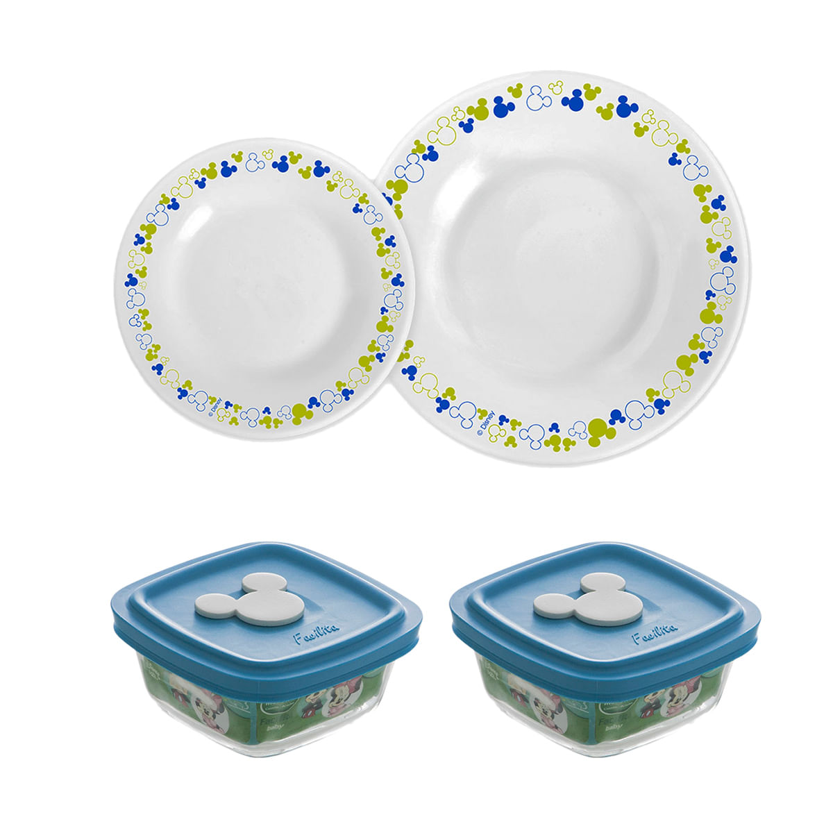 Conjunto de Potes com Tampa e Pratos 4 Peças em Vidro Nadir Figueiredo Disney Azul e Branco