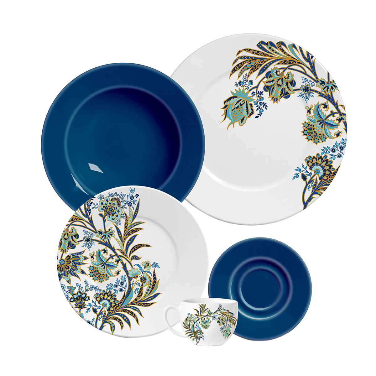 Aparelho de Jantar 20 Peças em Cerâmica Porto Brasil La Tavola Floral Estampa Arabesco Branco e Azul Escuro