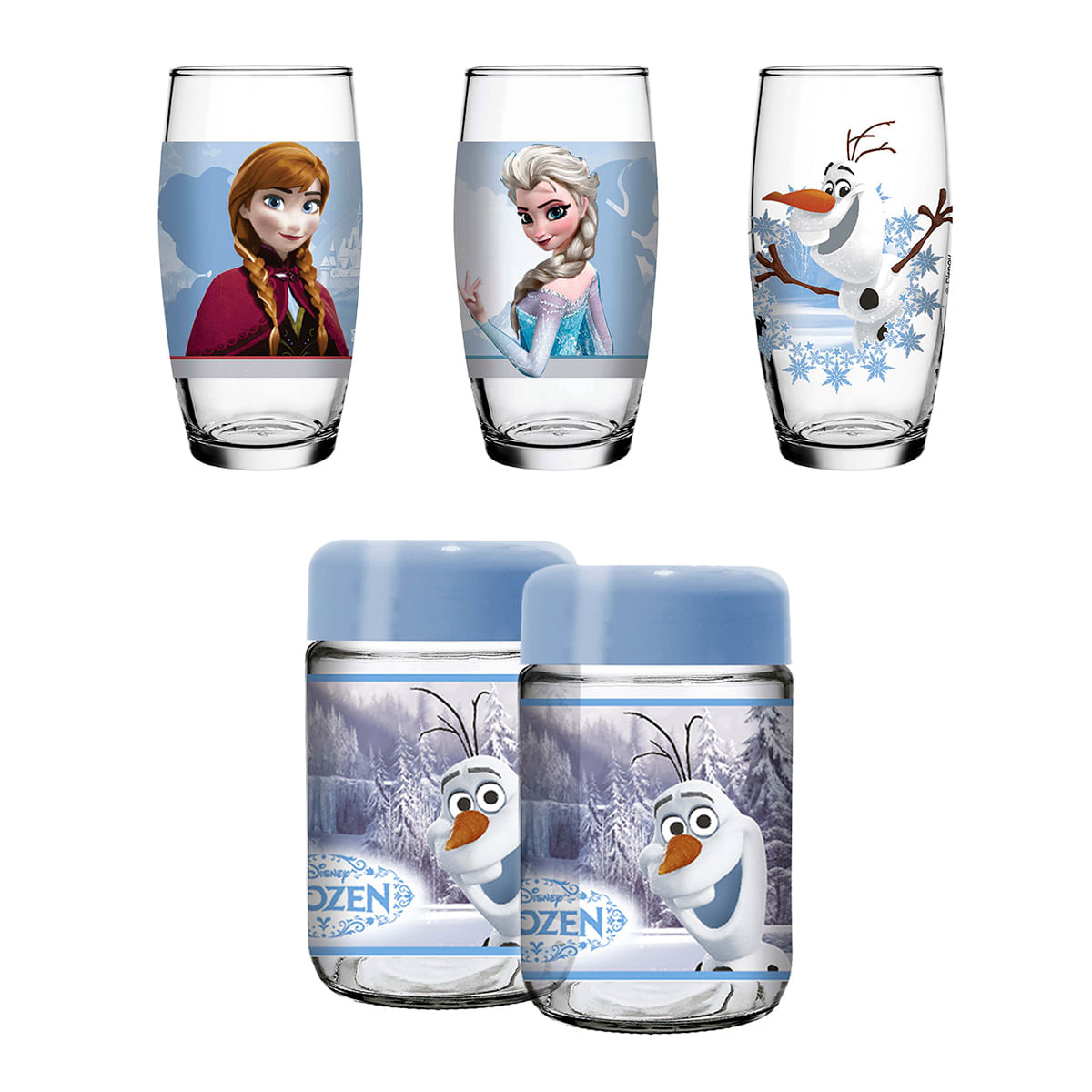 Conjunto de Potes com Tampa e Copos 5 Peças em Vidro Nadir Figueiredo Disney Frozen Azul