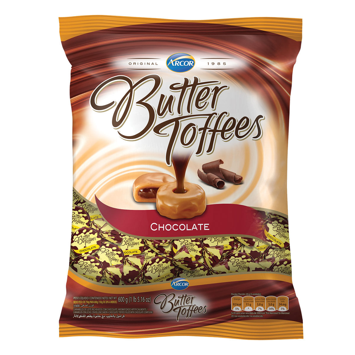 Bala de Caramelo Sabor Chocolate Arcor Butter Toffes 600g