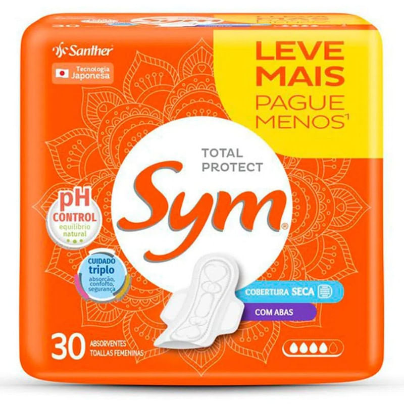 Absorvente Sym Total Protect Cobertura Seca com Aba Pacote 30 Unidades Leve Mais Pague Menos