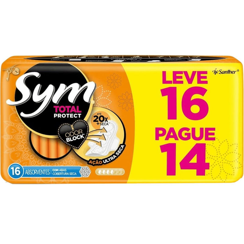 Absorvente Sym Total Protect Seca com Abas com Leve 16 Unidades Pague 14 Unidades