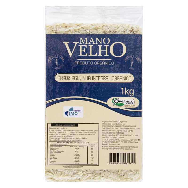 Arroz Agulhinha Integral Orgânico Mano Velho Pacote 1Kg