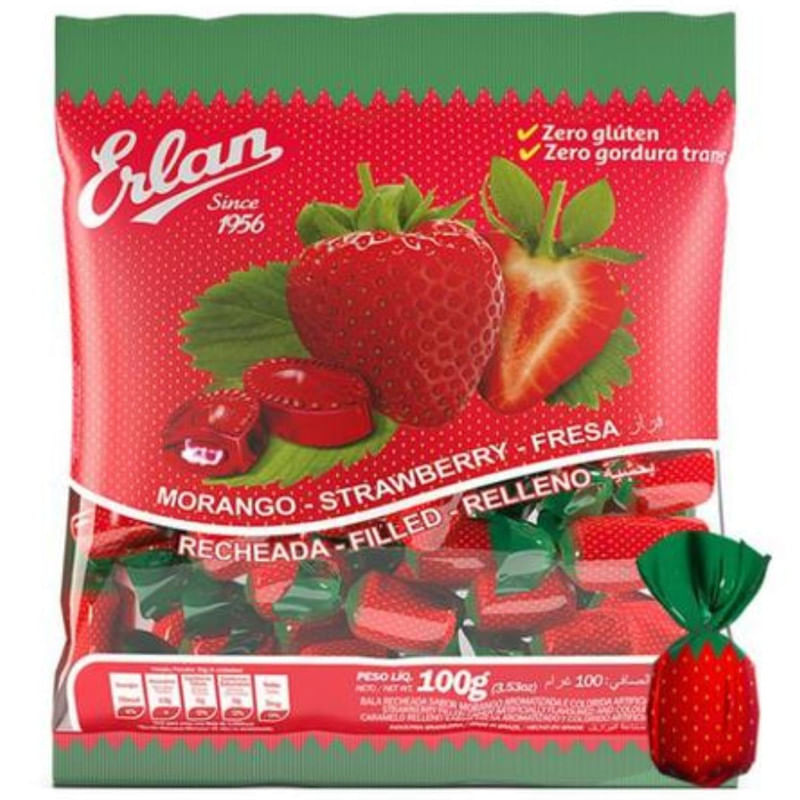 Bala de Morango Recheada Erlan Cestinha Pacote 600g