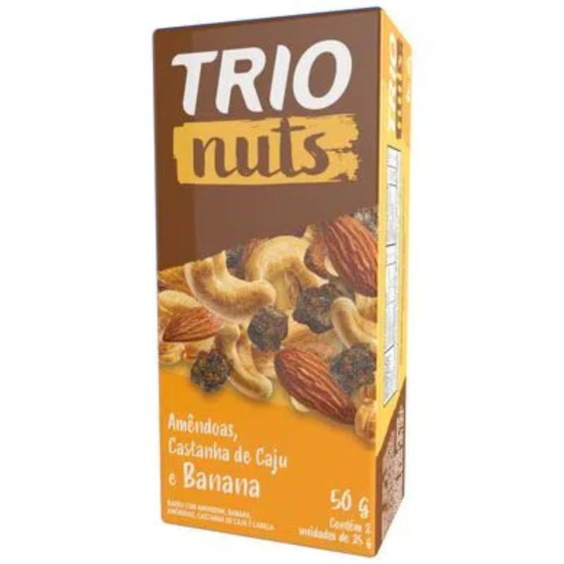 Barra Nuts de Amêndoas Castanhas Amendoim Banana e Canela Trio Nuts Caixa com 2 Unidades de 25g cada