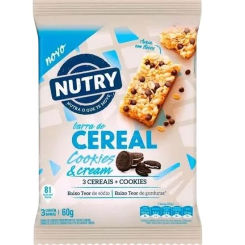 Barra de Cereal Cookies &amp; Cream Nutry 3 Unidades 60g