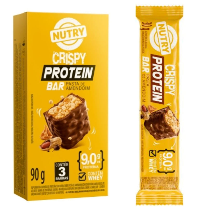 Barra de Proteína Crispy Protein Pasta de Amendoim e Chocolate Nutry Caixa com 3 Unidades 90g