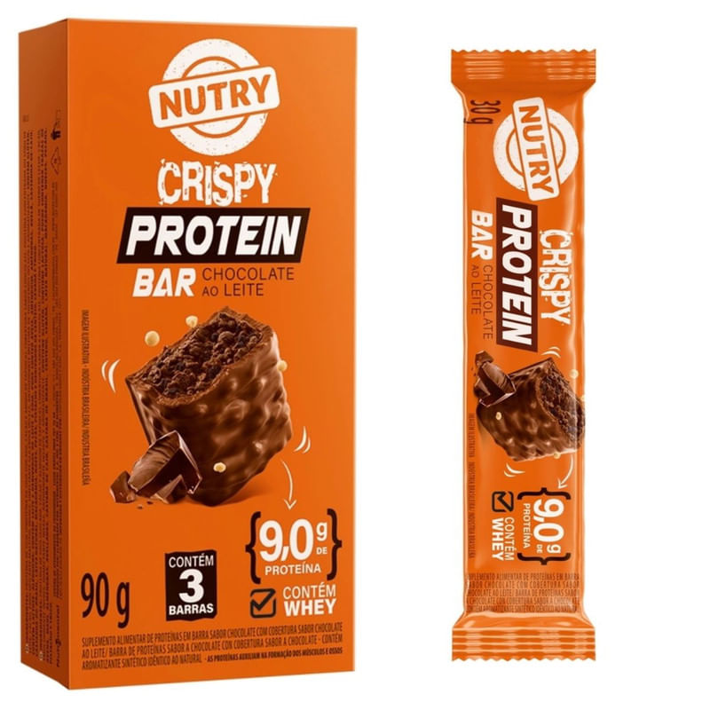 Barra de Proteína Crispy Protein de Chocolate Nutry Caixa com 3 Unidades 90g