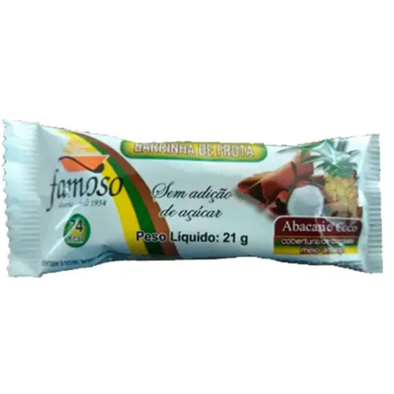 Barrinha de Fruta Doce de Abacaxi com Coco e Cobertura de Chocolate Meio Amargo Famoso 21g