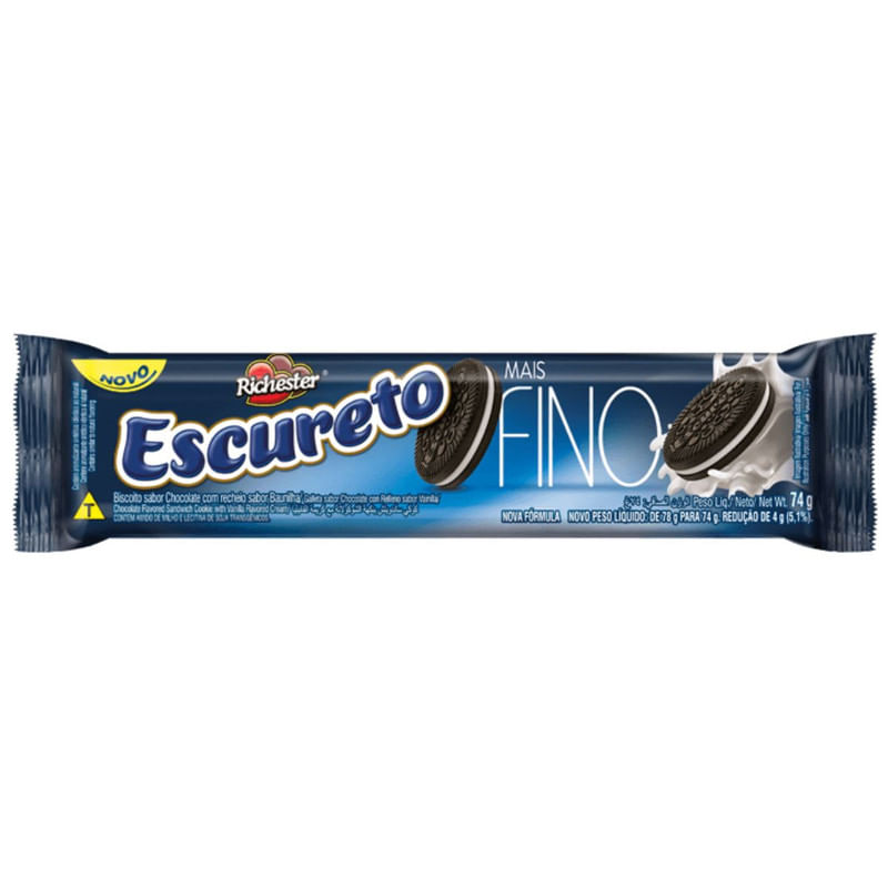 Biscoito Recheado Sabor Baunilha Richester Escureto Mais Fino Pacote 74g