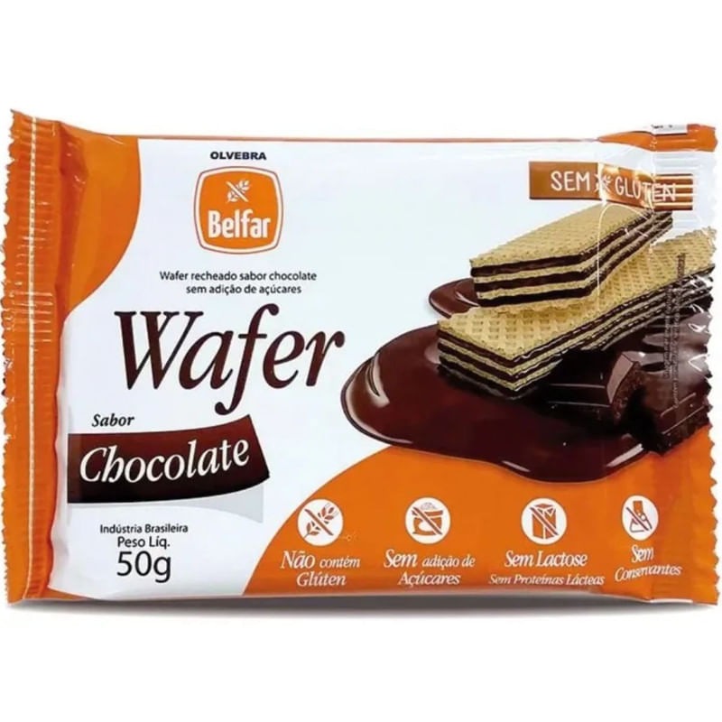 Biscoito Wafer De Chocolate S/ Glúten S/ Açúcar Belfar 50g