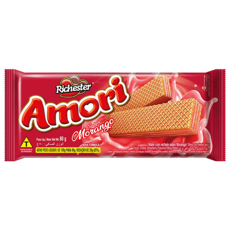 Biscoito Wafer com Recheio Sabor Morango Richester Amori Pacote 80g