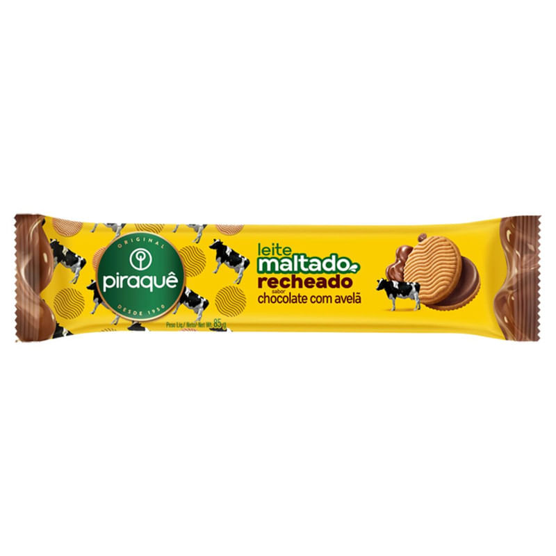 Biscoito de Leite Maltado Recheado com chocolate e Avelâ Piraque Avelã Pacote 85g