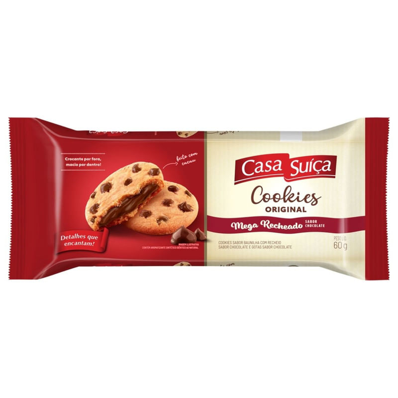 Cookie Sabor Baunilha com Gotas e Recheio de Chocolate Casa Suíça Pacote 60g