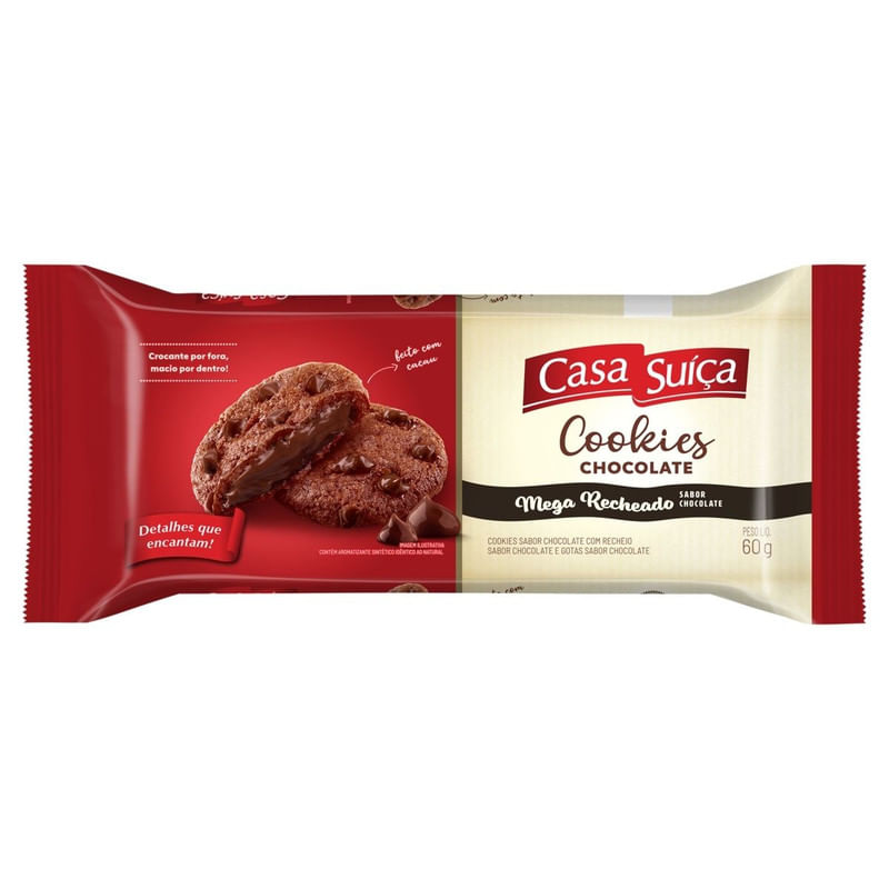 Cookie Sabor Chocolate com Gotas e Recheio de Chocolate Casa Suíça Pacote 60g