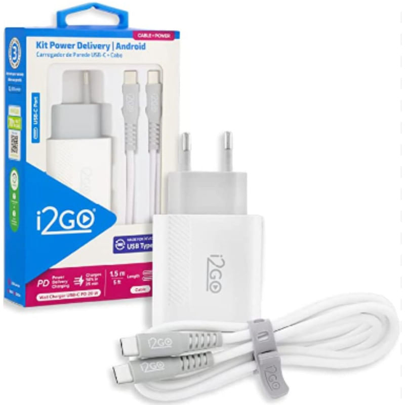 Kit De Carregador Power  e Cabo Usb 20W I2GO Branco