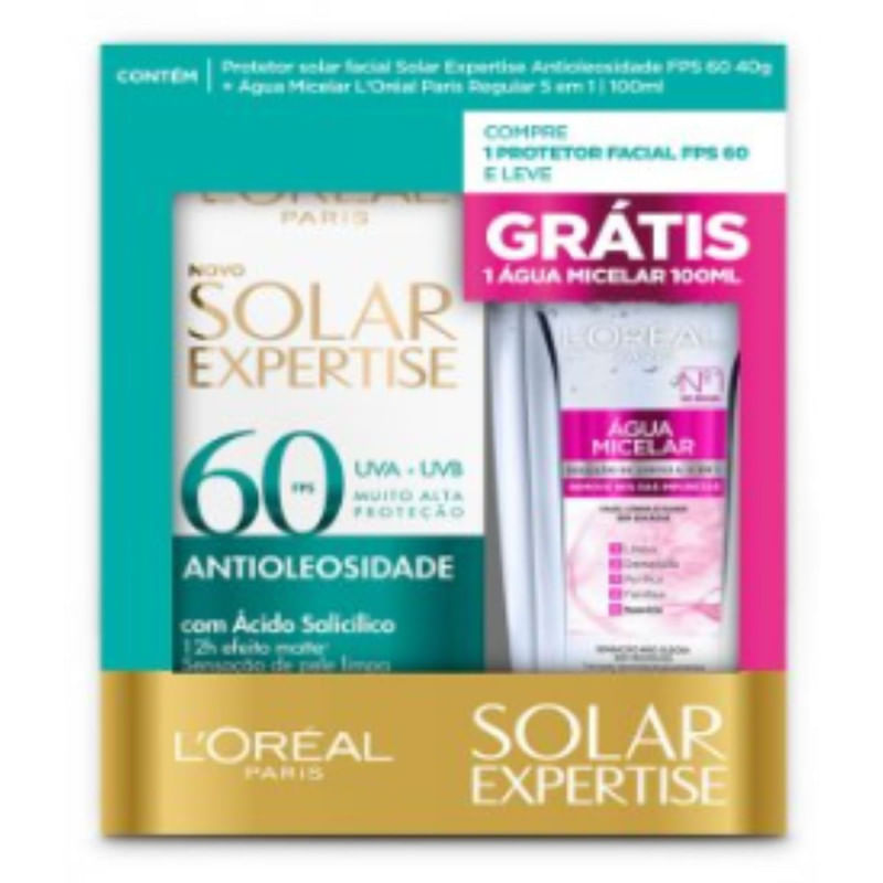 Kit L&apos;oréal Protetor Solar Facial Expertise Antioleosidade FPS 60 com 40 g + Água Micelar com 100 ml