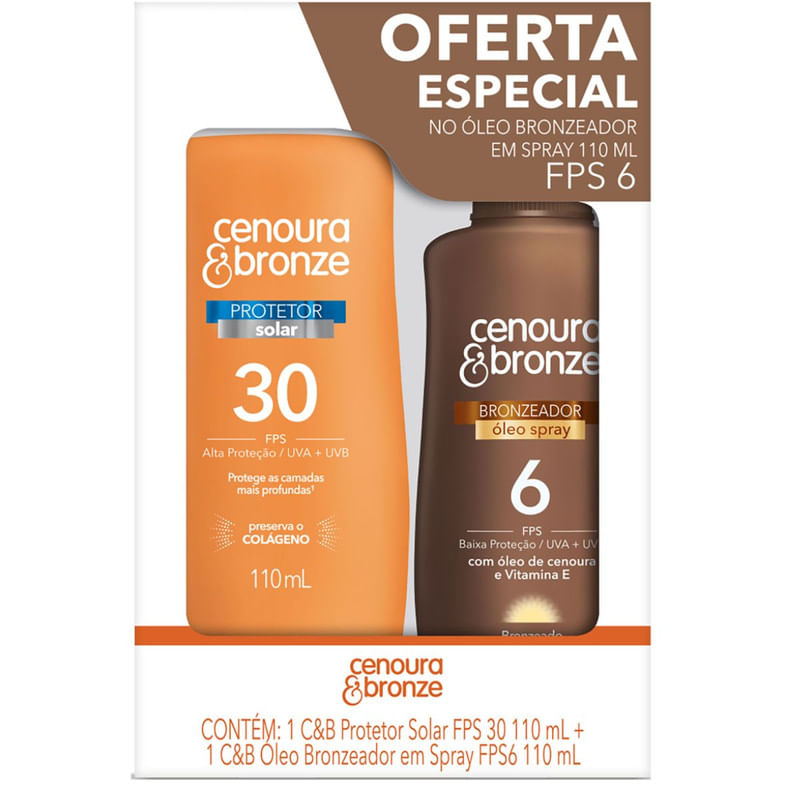 Kit Protetor Solar Cenoura e Bronze Corpo FPS 30 110ml + Óleo Bronzeador FPS 6 110ml