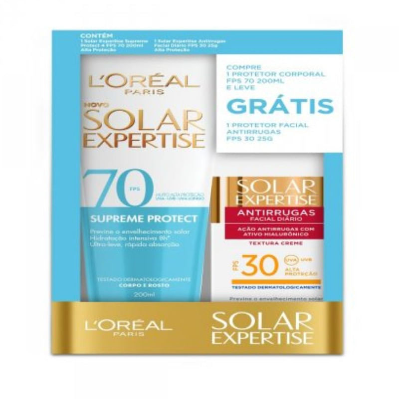 Kit Protetor Solar L&apos;Oréal Expertise Com Facial Antirrugas FPS30 Com 25g + Corporal Supreme Protect 4 FPS70 Com 200ml