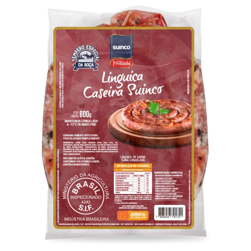 Linguiça Congelada Caseira Suinco Pacote 600g