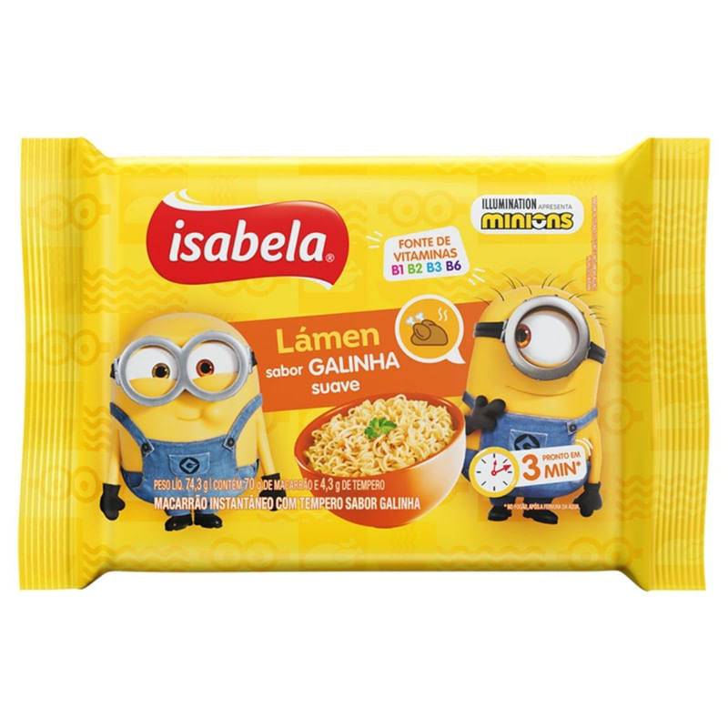 Macarrão Instantâneo Sabor Galinha Suave Isabela Minions Pacote 74g