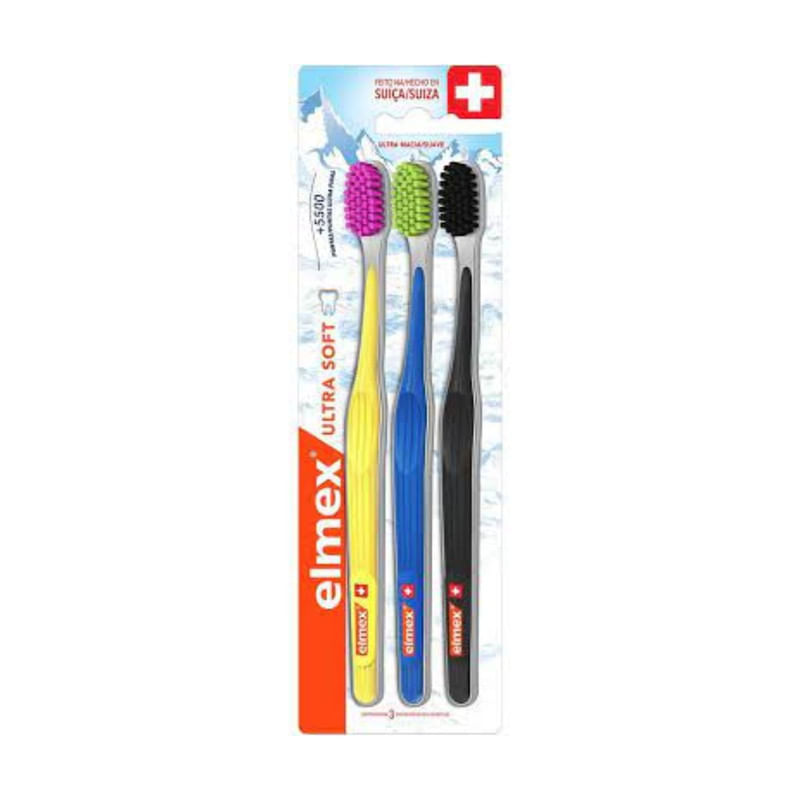 Pack de Escova Dental Elmex Ultra Soft Extra Macia Com 3 unidades