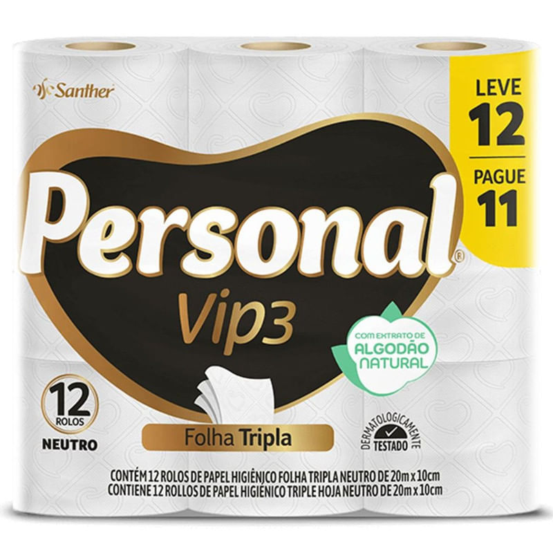 Papel Higiênico Folha Tripla Personal Vip3 Pacote Leve 12 Pague 11