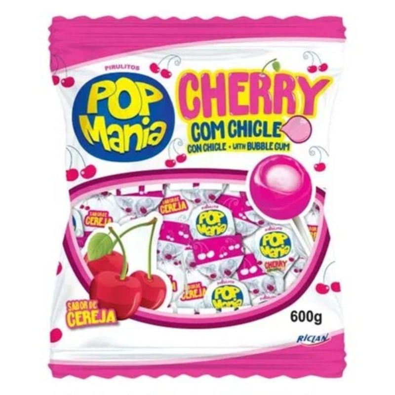 Pirulito Pop Mania Cherry com Chiclete Cereja com 50 Unidades Pacote 600g