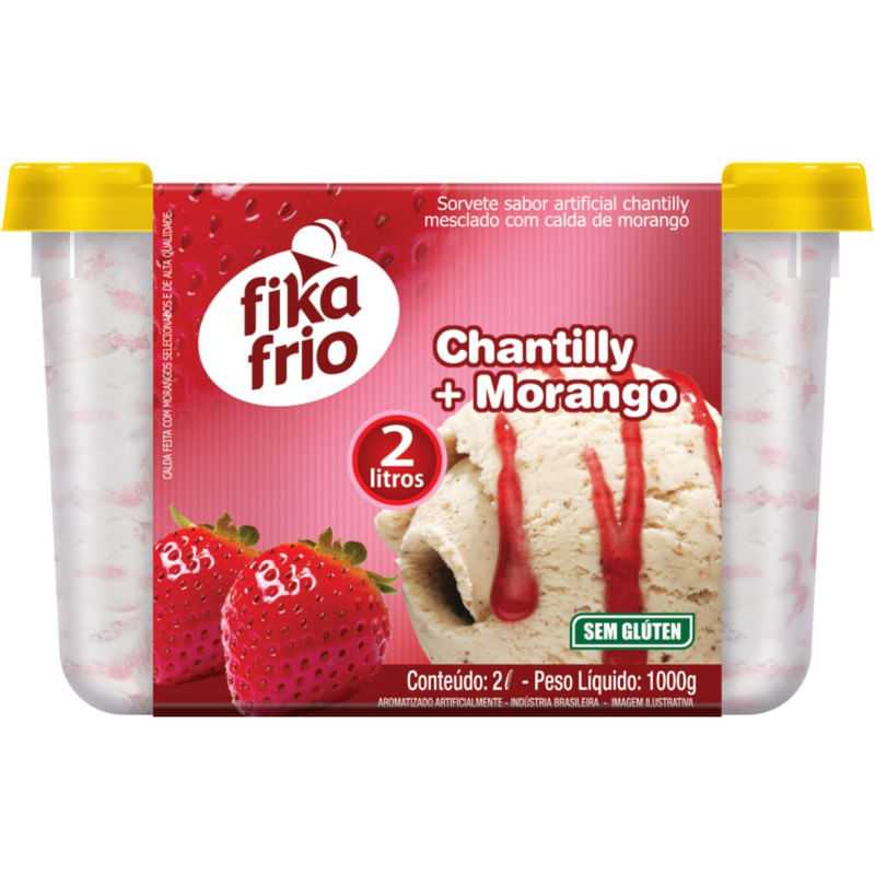 Sorvete de Chantilly com Calda de Morango Fika Frio Pote 2 Litros