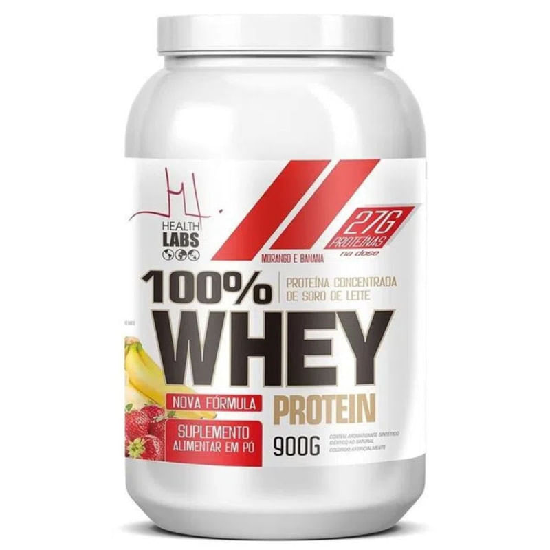 Suplemento Whey Health Labs Sabor Banana e Morango Pote 900g