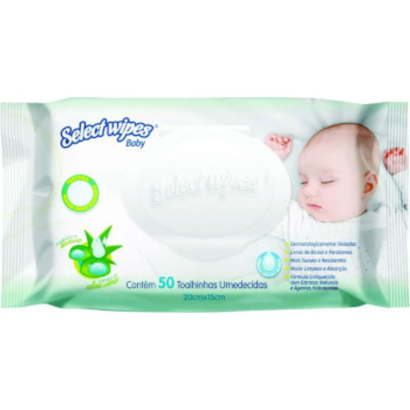 Toalha Umedecida Extrato de Aloe Vera Select Wipes Baby 50 Unidades