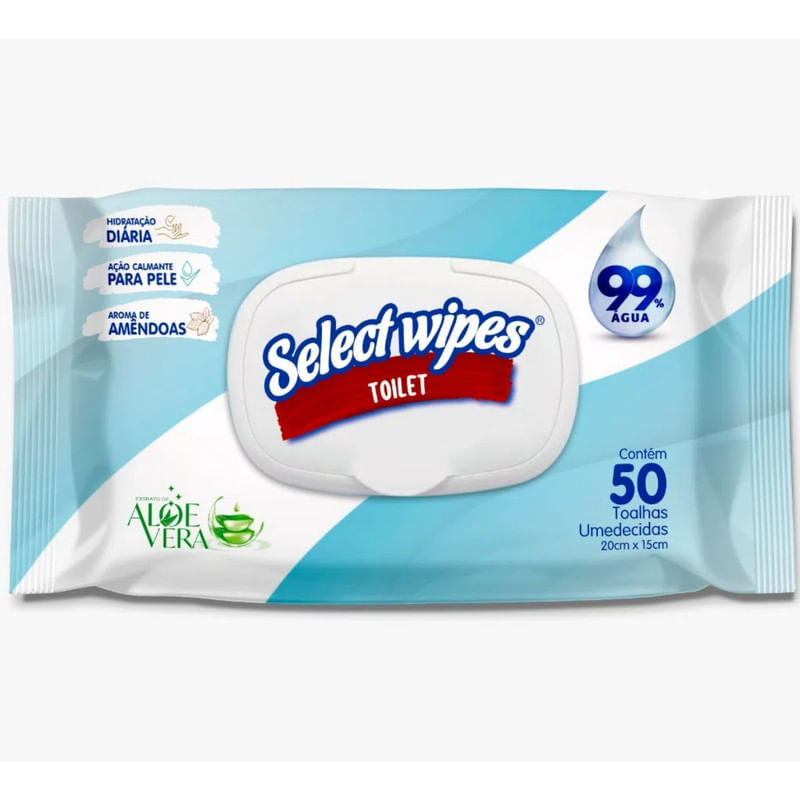 Toalha Umedecida Extrato de Aloe Vera Toilet Select Wipes com Tampa 50 Unidades