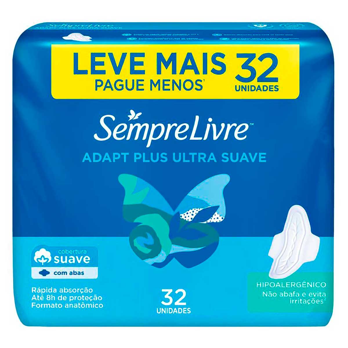 Absorvente com Abas Malha Suave Sempre Livre Adapt Plus 32 Unidades Leve Mais Pague Menos