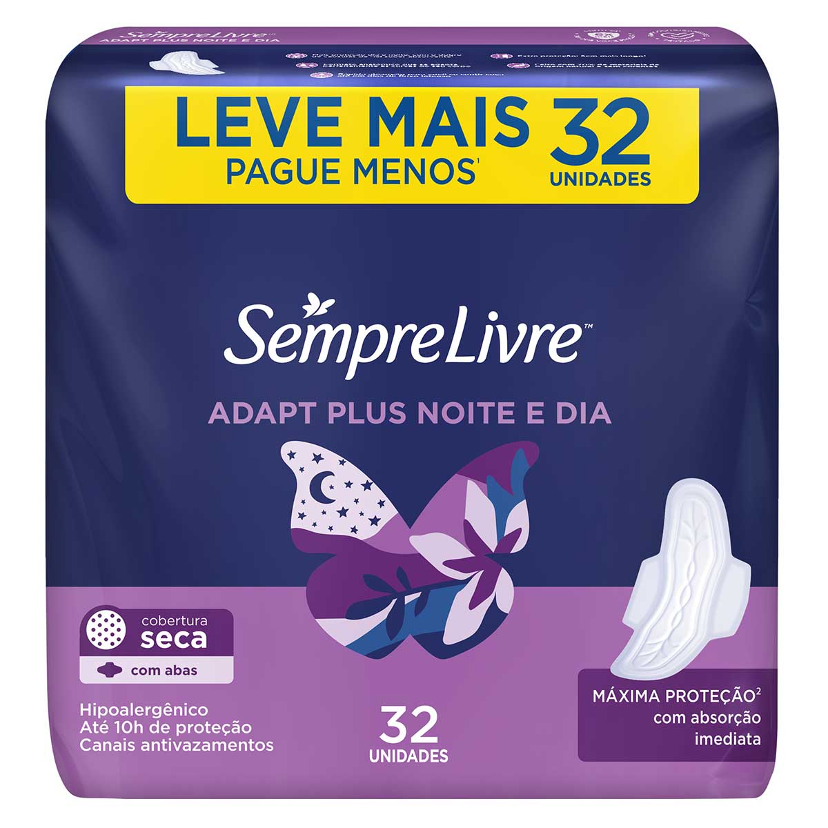 Absorvente Nortuno Malha Seca Sempre Livre Adapt Plus Noite e Dia 32 Unidades Leve Mais Pague Menos