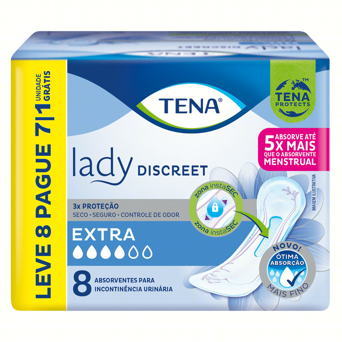 Absorvente sem Abas para Incontinência Urinária Seca Tena Lady Discreet Extra Pacote Leve 8 Pague 7 Unidades