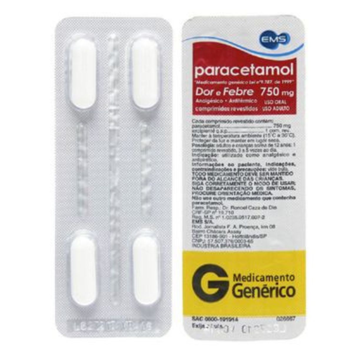 Analgésico Paracetamol 750mg E M S Genérico com 4 Comprimidos