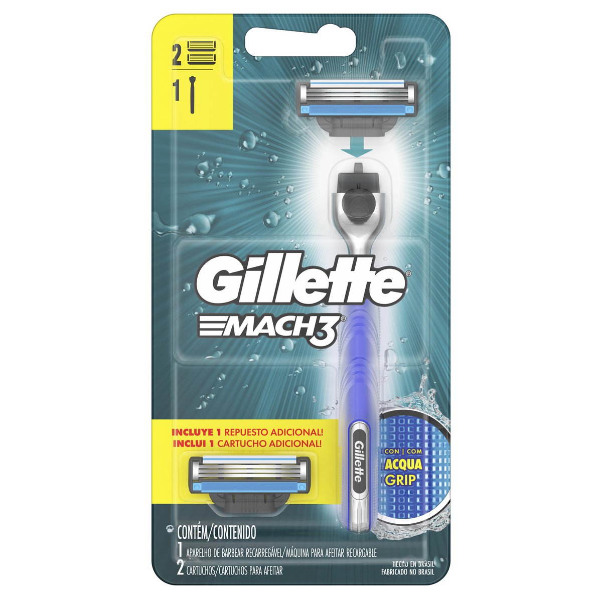 Aparelho de Barbear Recarregável Gillette Mach3 Acqua Grip com 2 Cargas Extra