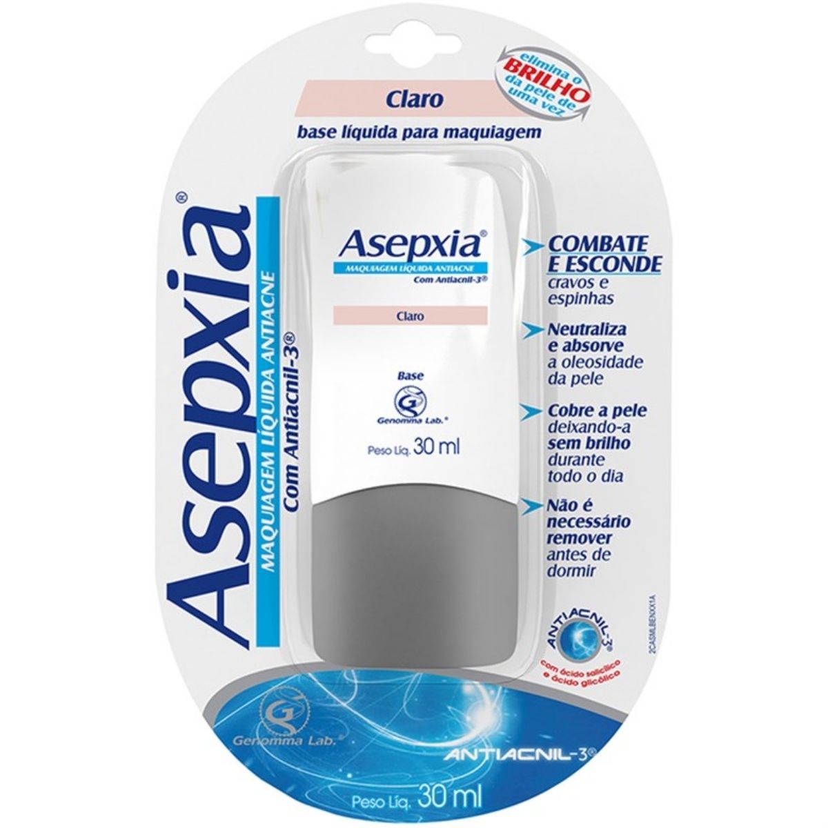 Base Líquida Antiacne com Antiacnil - 3 Asepxia Claro Bisnaga 30 ml