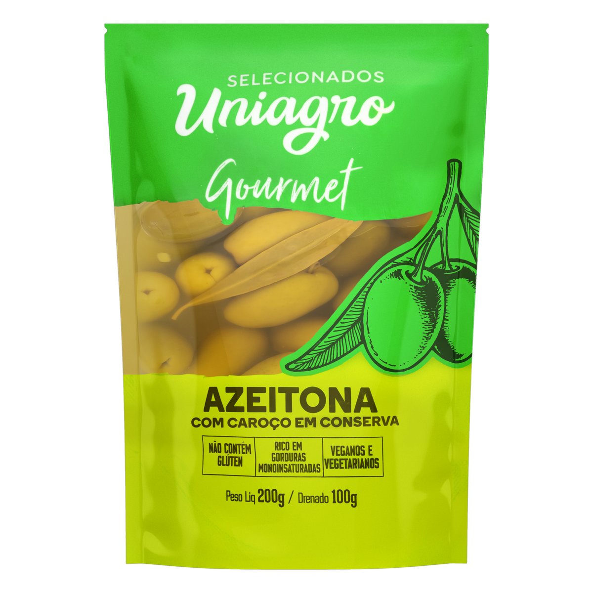 Azeitona Verde com Caroço em Conserva Uniagro Gourmet Sachê 100 g