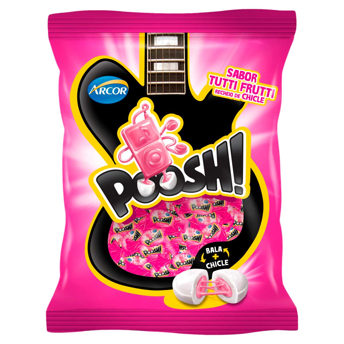 Bala Sabor Tutti-Frutti Recheio Chicle Poosh 100g