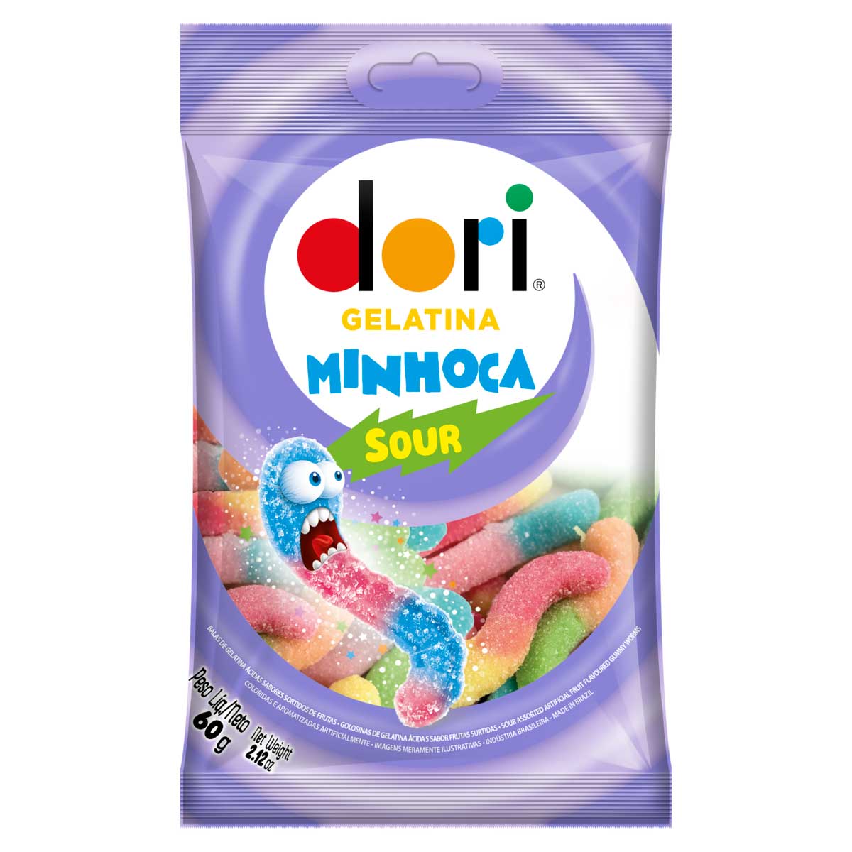 Bala de Gelatina Sabores Sortidos de Frutas Ácidas Minhoca Dori 60g