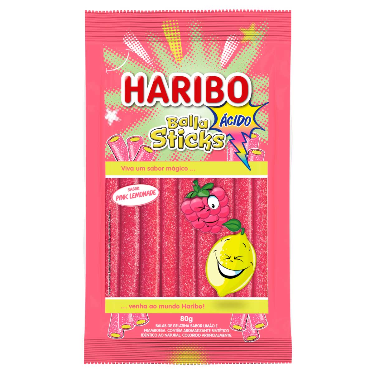 Bala de Gelatina Sabor Pink Lemonade Ácida Haribo Balla Sticks 80g