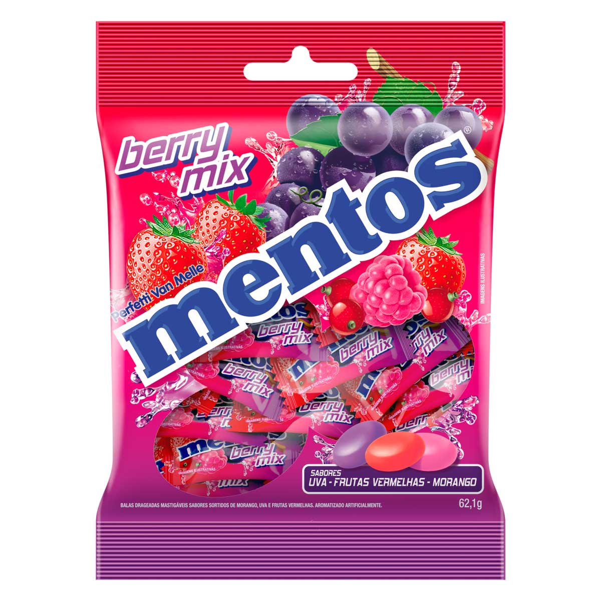 Bala Sabor Uva, Frutas Vermelhas e Morango Mentos Berry Mix 62,1g