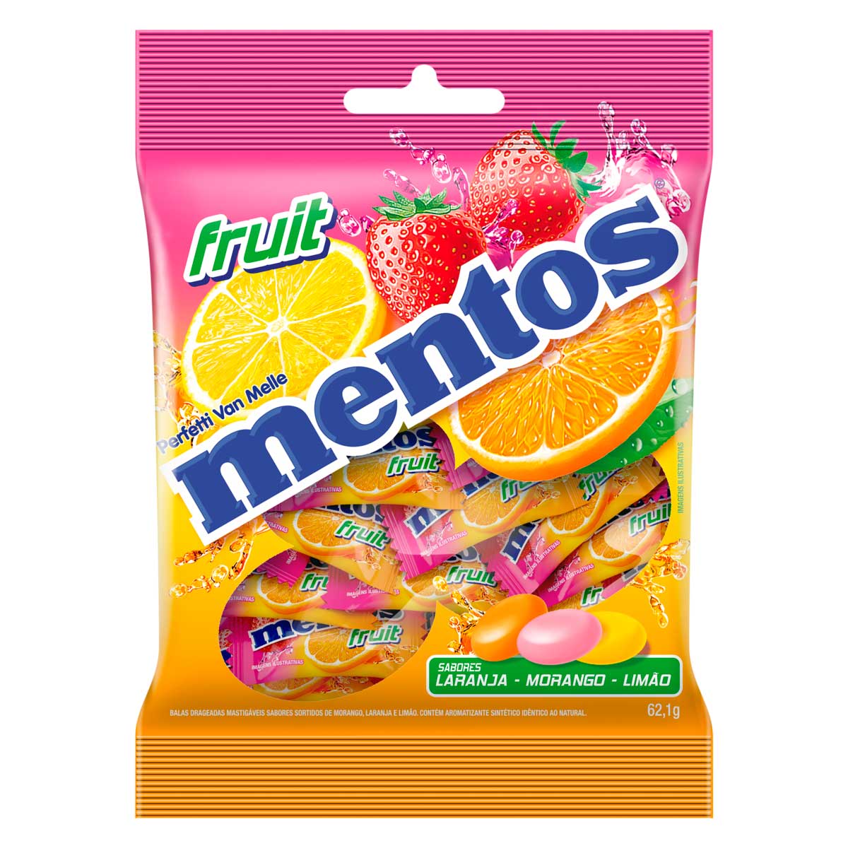 Bala Sabor Laranja, Morango e Limão Mentos Fruit 62,1g