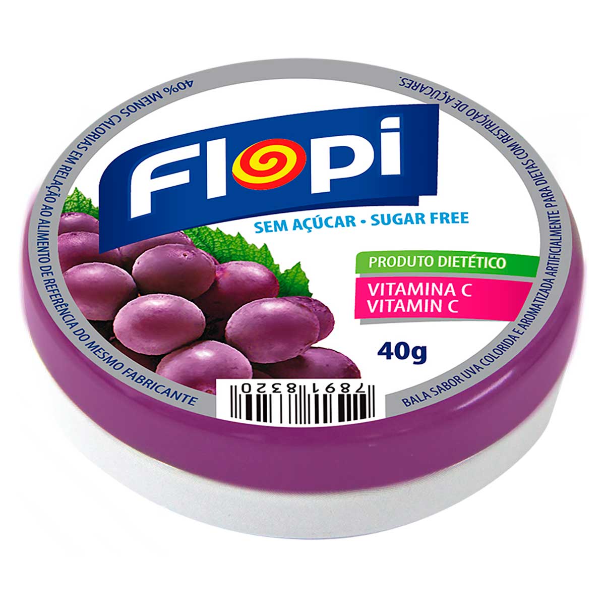 Bala sem Açúcar Sabor Uva Flopi 40g