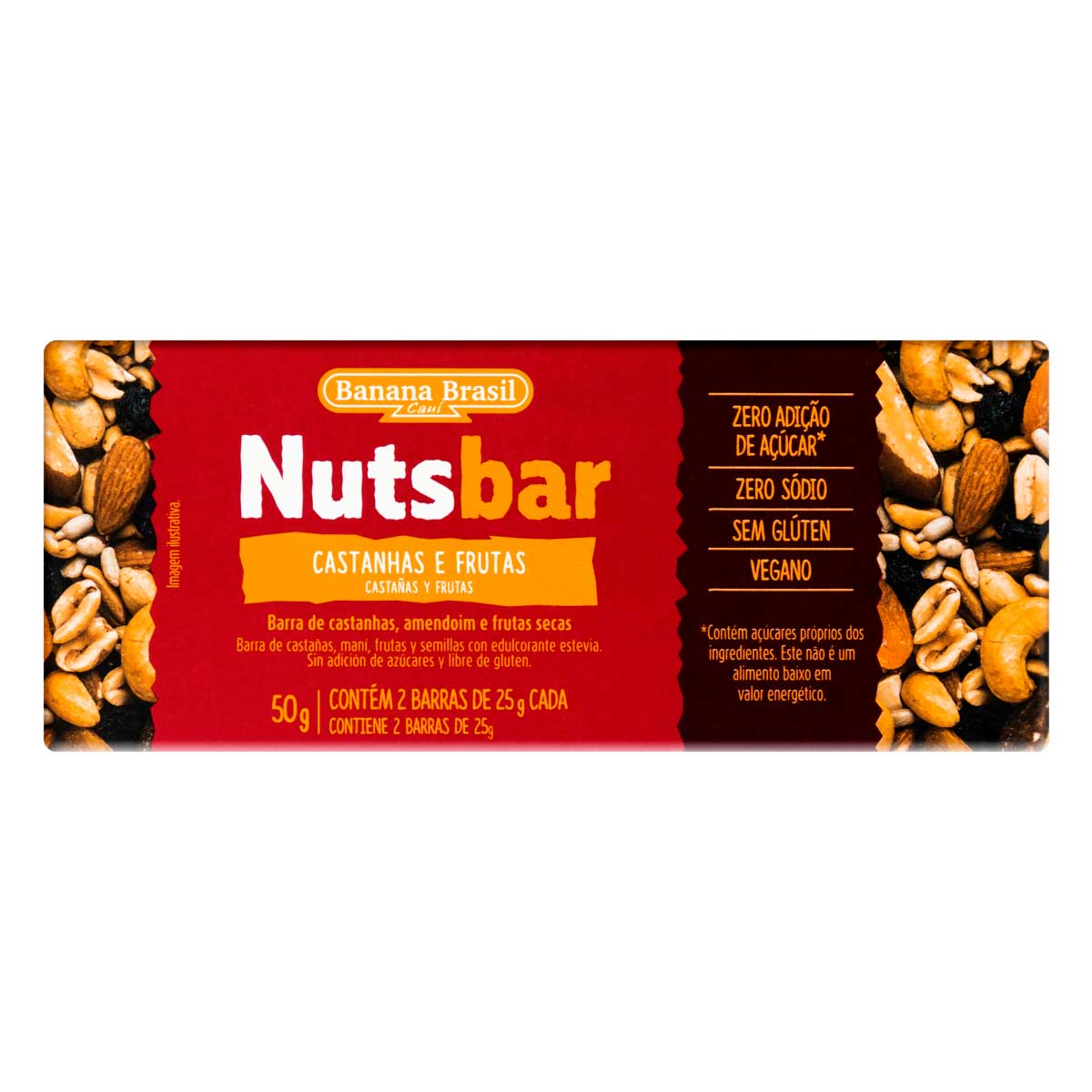 Barra de Nuts Zero Sódio sem Açúcar Sabor Castanhas, Amendoim e Frutas Secas Nutsbar 50g Pack 2 Unidades